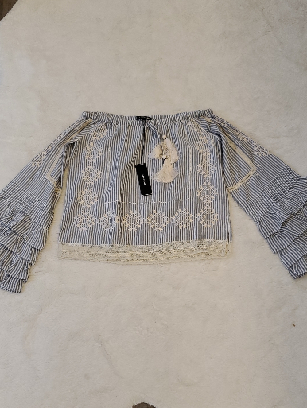 Love Sam Blue and White Striped Off-Shoulder blouse with Tassel XS